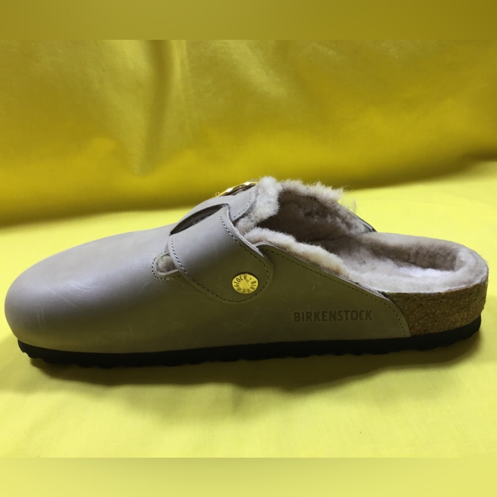 Birkenstock Boston Big Buckle Shearling Taupe Faux-Fur lined Clog SZ 40 - Picture 10 of 11